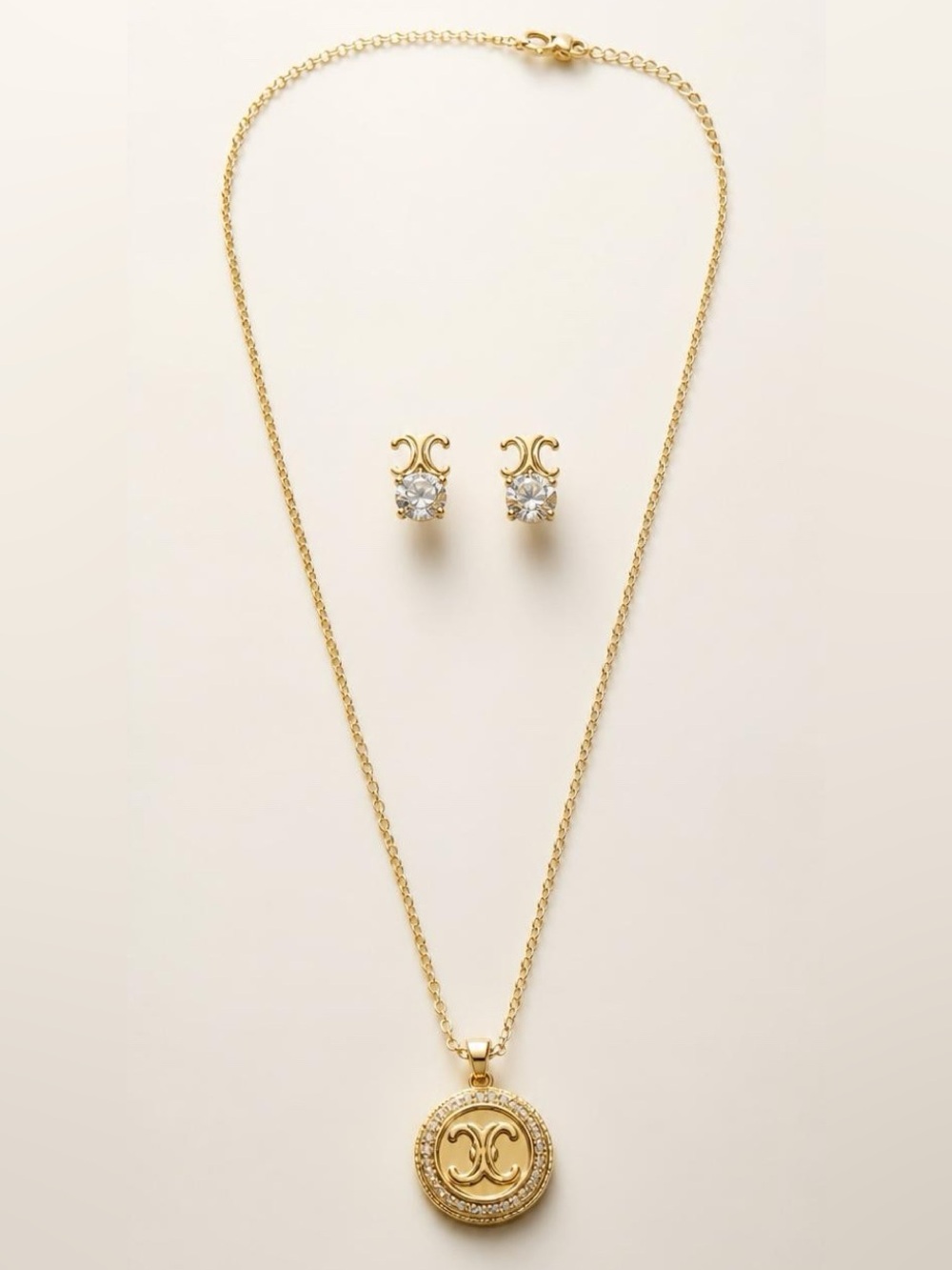 Fashion Jewelry Gold Pendant CC Necklace  with Crystal CC Accent Studs